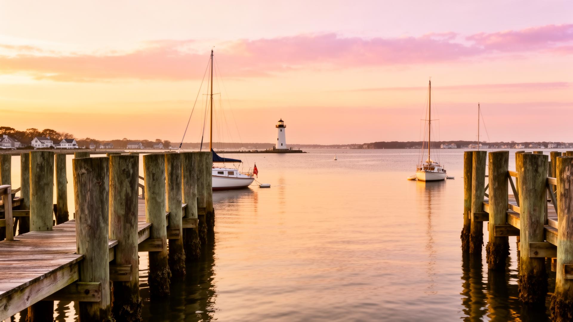 Coastal Rhode Island harbor at golden hour with sailboats and a distant lighthouse