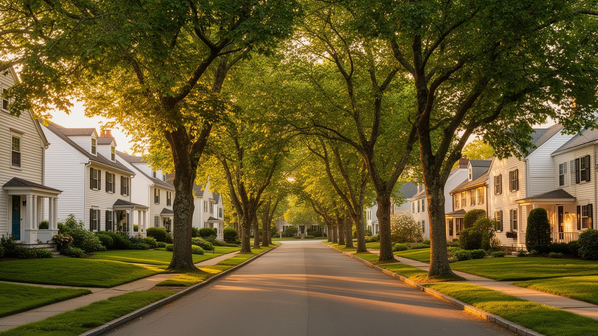 Tree-lined Rhode Island residential street at golden hour with classic New England homes