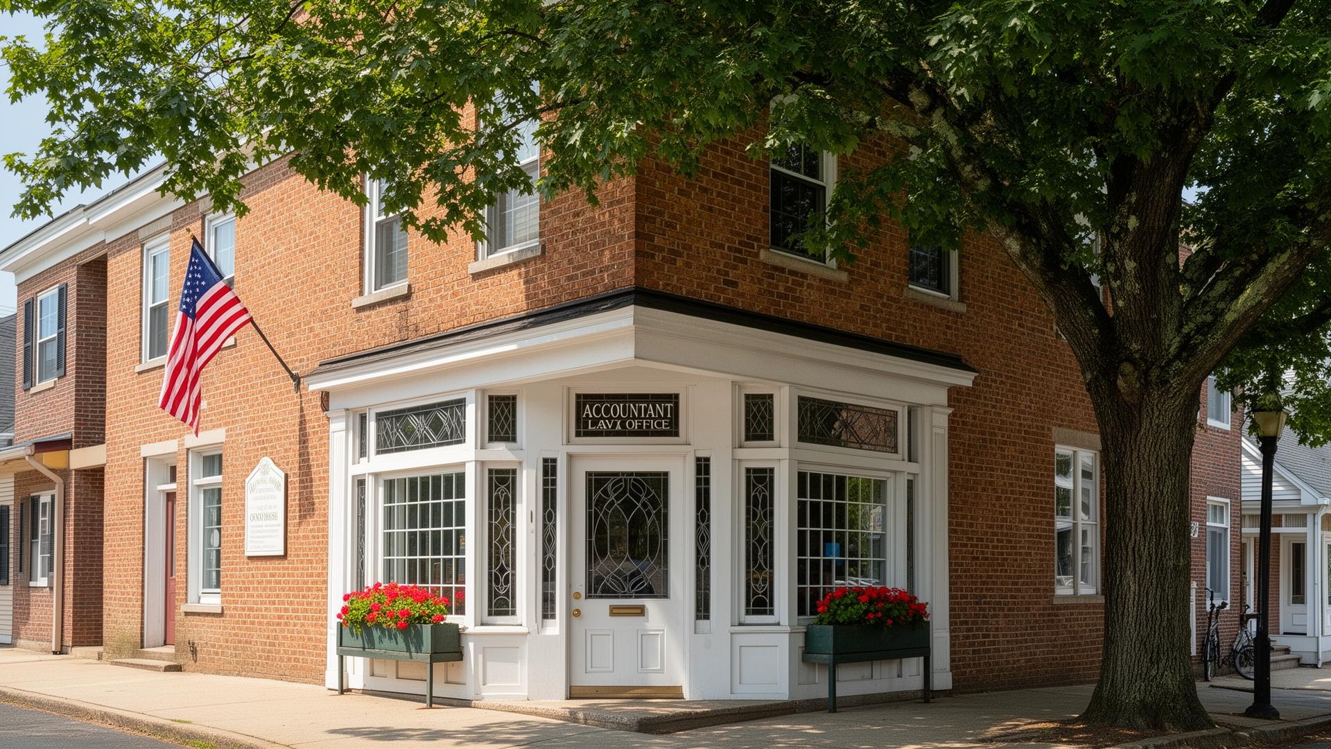 Historic brick storefront accountant office on a Rhode Island corner under mature trees